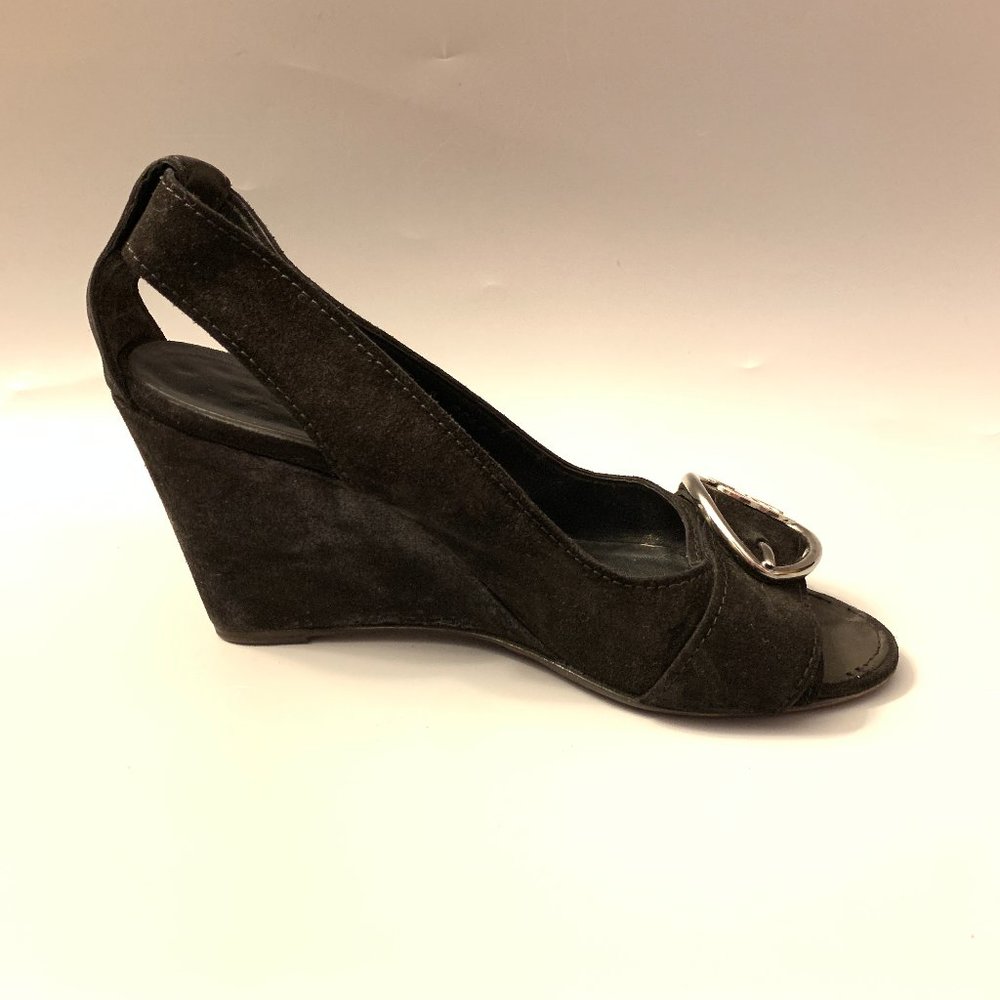Chanel Black Suede Peep-Toe Wedge Heels - Picture 5 of 13